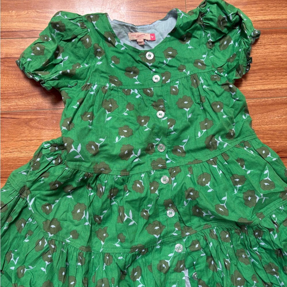Pink Chicken Green Dress with Silver Button